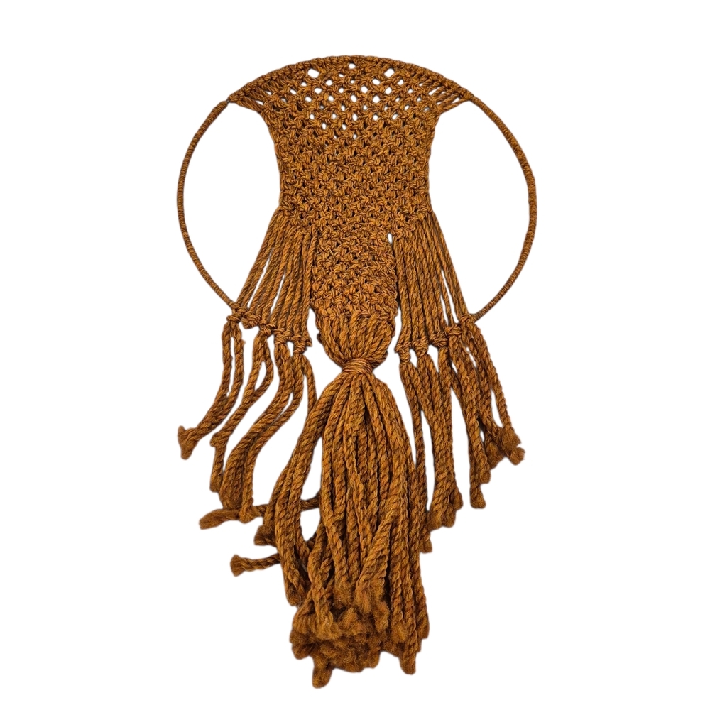 Large Vintage 1970s Orange Macrame Boho Wall Planter, Basket - Picture 3 of 3